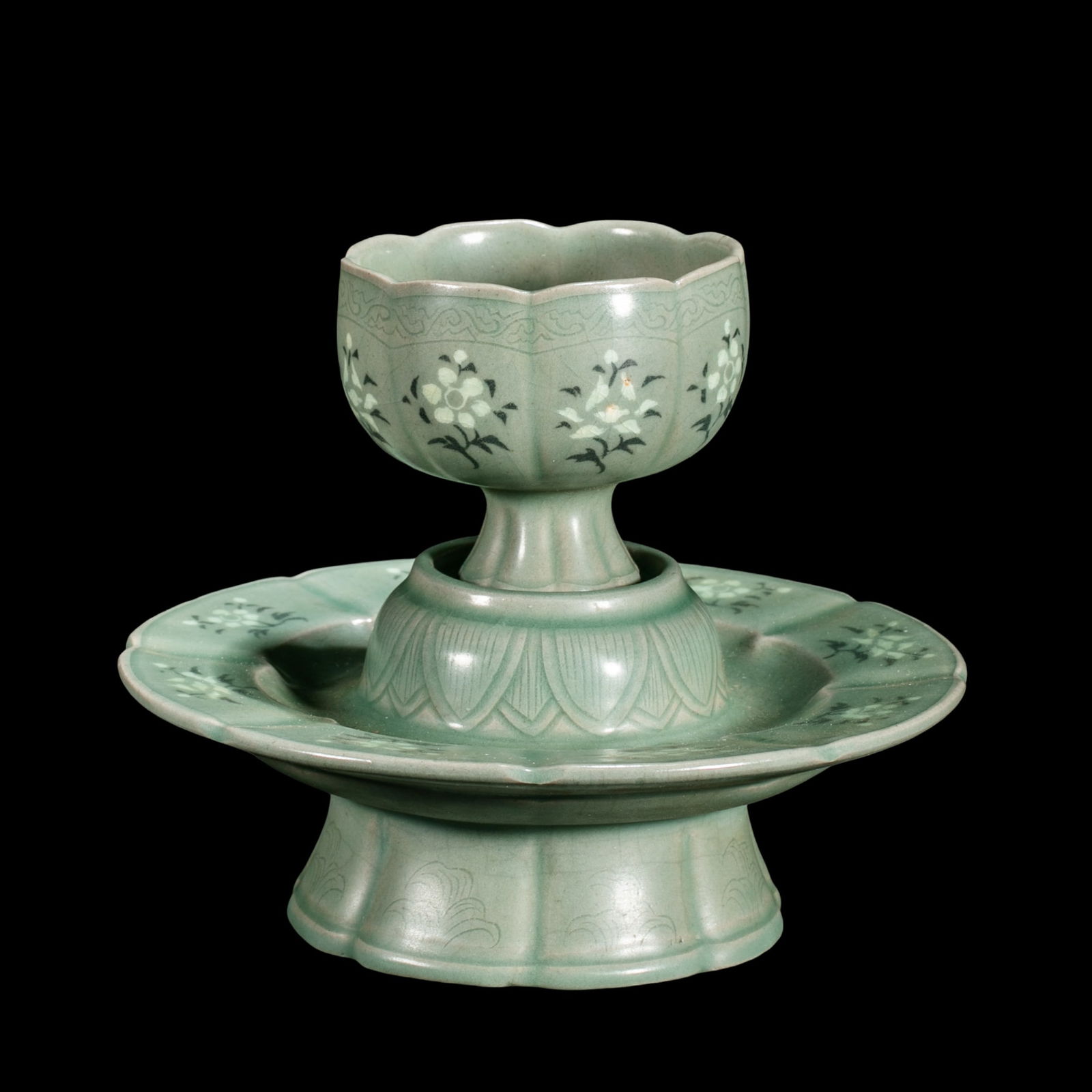 Korean Goryeo Celadon Black and White Inlaid Flower Mouth Cup Holder (1 of 5)