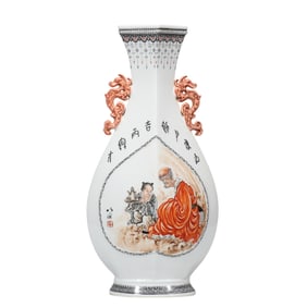 Chinese 20th century art master Wang Bu's double-handled porcelain vase with open window and story