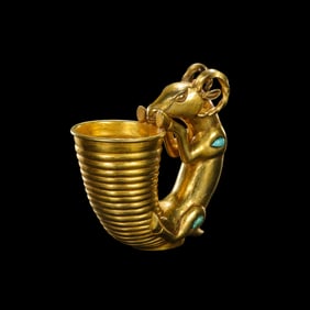 Ancient Persian culture pure gold inlaid turquoise sheep head cup