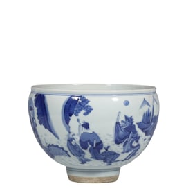 Chinese Qing Dynasty Blue and White Bowl with Figures and Stories