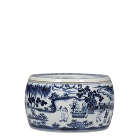 Blue and white cricket jar with baby playing pattern, Ming Xuande period, China
