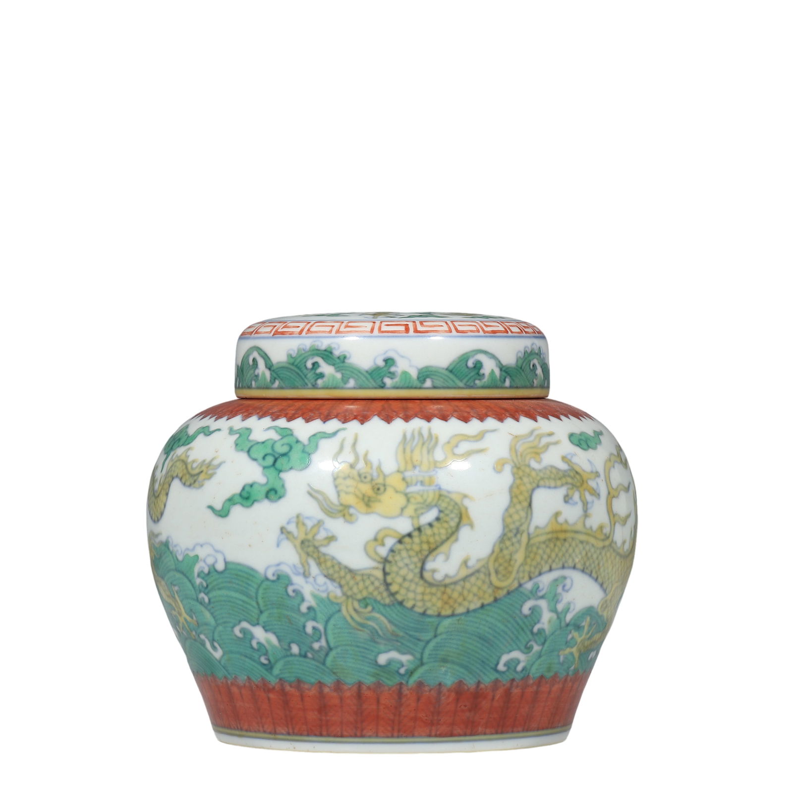 Doucai Dragon Pattern "Tian" Lid Jar, Chenghua Period, Ming Dynasty, China: H. 14 cm. W. 12 cm.