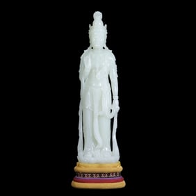 Chinese Qing Dynasty Hotan White Jade Standing Guanyin