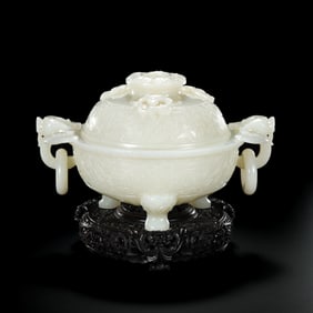 Chinese Qing Dynasty Hetian white jade double-ring ear three-legged lidded censer