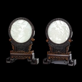 A pair of Chinese Qing dynasty rosewood and Hetian white jade screens
