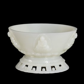 Chinese Qing Dynasty Hotan White Jade Carved Buddha Bowl