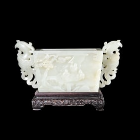 Chinese Qing Dynasty Hetian White Jade Stove with Double Phoenix Ears and Carved Figures and Stories