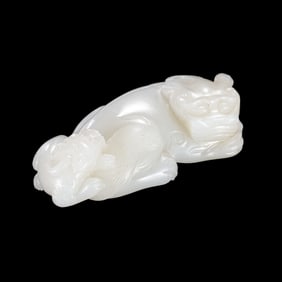 Chinese Qing Dynasty Hotan White Jade Carved with Auspicious Beasts