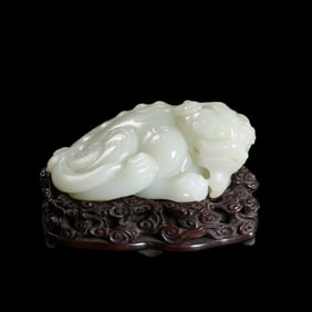 Chinese Qing Dynasty Hotan White Jade Carved with Auspicious Beasts