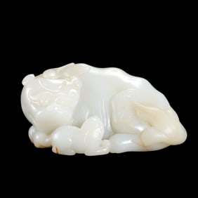 Chinese Qing Dynasty Hotan White Jade Mother and Child Auspicious Beasts