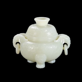 Chinese Qing Dynasty Hetian white jade double-ring ear three-legged lidded censer