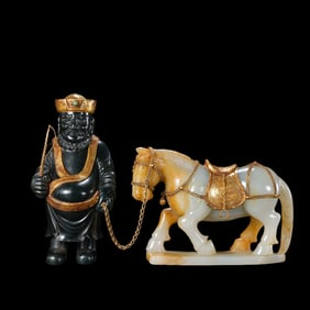 A group of Chinese Liao Dynasty agate horse-leading figures