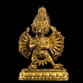 A Chinese gilt bronze statue of the standing Mahakala Buddha from the Yongle period of the Ming