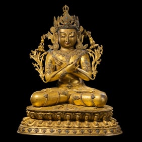 A Chinese Ming Dynasty Gilt Bronze Seated Buddha Figure Inlaid with Gems