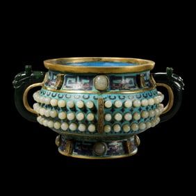 Chinese Qing Dynasty Qianlong Period Cloisonne Inlaid Hetian Jade Double-Handled Censer
