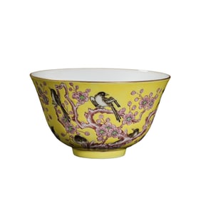 Yellow glaze powder-colored flower-and-bird pattern bowl, Tongzhi period, China