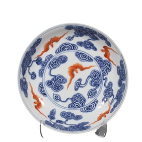 Blue and white plate with cloud and bat pattern, Guangxu period, Qing Dynasty, China