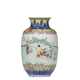 Chinese Qing Dynasty Famille Rose Vase with Figures and Stories