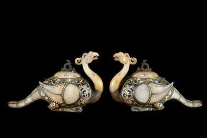 A pair of gold, silver and jade phoenixes from the Warring States Period of China