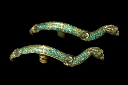 A pair of gold, silver and turquoise inlaid staff heads from the Warring States Period of China