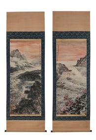 Two scrolls of Chinese calligraphy and painting - Fu Baoshi