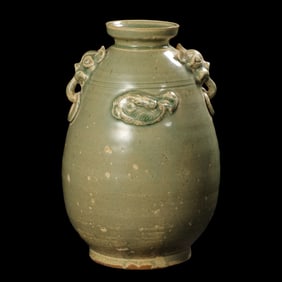 Yue kiln celadon double-handled plate-mouthed vase from the Southern and Northern Dynasties, China