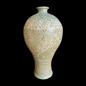 Korean Celadon Plum Vase with Fish Pattern