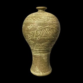 Korean Celadon Plum Vase with Fish Pattern