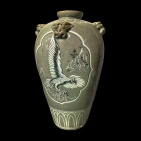 Korean Celadon Black and White Inlaid Animal Head Vase
