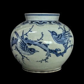 Korean Joseon Dynasty 18th century blue and white magpie branch jar