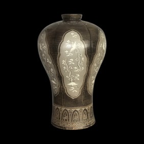 Korean celadon black and white inlaid plum vase with flying crane pattern