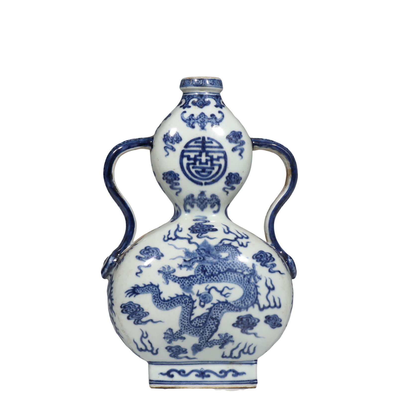 Chinese Qing Dynasty Qianlong period blue and white dragon pattern double-cord gourd bottle: H. 25.5 cm.