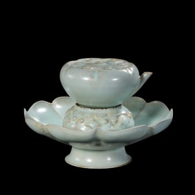 A set of Chinese Song Dynasty Ru kiln celadon lotus root cup holders