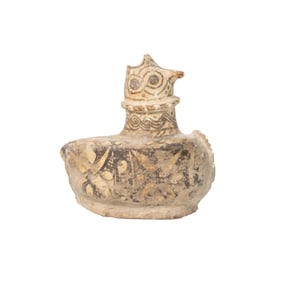 Ancient Bactria Terracotta Depicting Bird Ritual Vessel with Painted Geometric Motifs