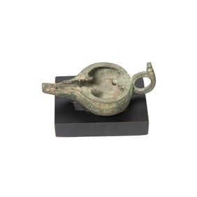 Ancient Bronze Oil Lamp with Decorative Handle Roman/Greek Style