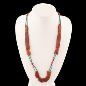 Vintage Carved Carnelian Fish Motif Bead Necklace with Turquoise & Lapis Bead