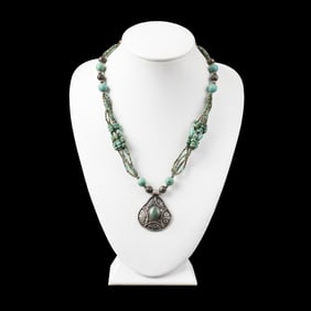 Himalayan Nepalese Hand Made Silver Pendant Decorated With Turquoise Necklace