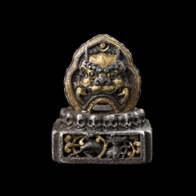 Tibetan Ritual Gilt Bronze Mahakala Head with Skull Motif Base Stamp Seal