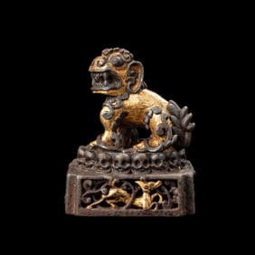 Tibetan Gilt Bronze Snow Lion Figure With Skull Deer Motifs Base Ritual Seal
