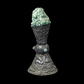 Tibetan Turquoise Decorated With Hand Craft Birds & Floral Motif In Silver Buddhist Temple Stamp