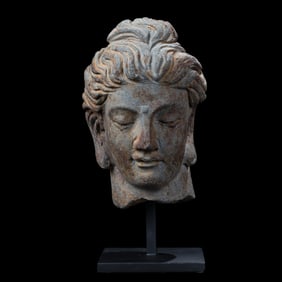 Ancient Greco-Buddhist Gandhara Art Schist Stone Buddha Head Sculpture
