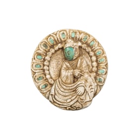 Antique Chines Buddhist Medallion Carved Stone with Turquoise Inlays