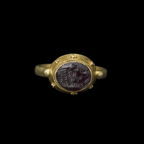 Roman Garnet Intaglio In Gold Ring .Bust Figurine Engraved 2nd Century AD