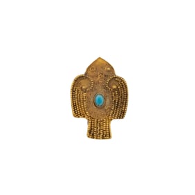 Chines Zhou Dynasty Gold Bird-Shaped Pendant with Turquoise Cabochon Inlay Ornate Granulated Design