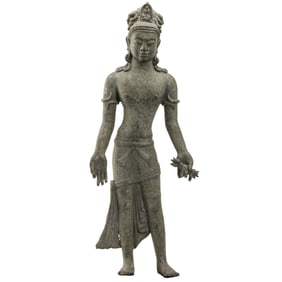 Ancient Khmer Vishnu Bronze Standing Deity Statue Angkor Period