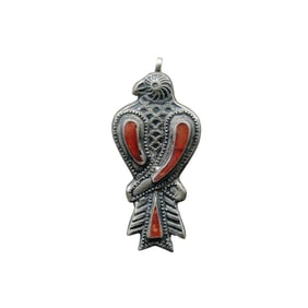 Vintage Jewelry Afghan Ethnic Tribal Hand Made Carnelian inlaid Bird Motif Silver Pendant