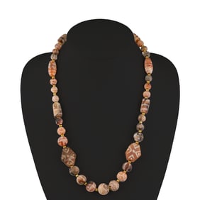 Antique Sino Tibetan Unique Decorated Painted Agate Beads Necklace