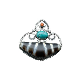 Vintage Traditional Jewelry Nepalese Hand Made Sterling Silver Brooch Pendant With Dzi Bead, Coral