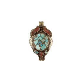 Antique Hand Made Nepalese Brass Inlayed Coral Turquoise Stone Pendant