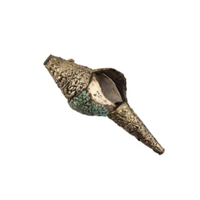Himalayan Tibetan Conch Shell Ritual Object Ornate With Silver & Turquoise Mosaic Inlay
